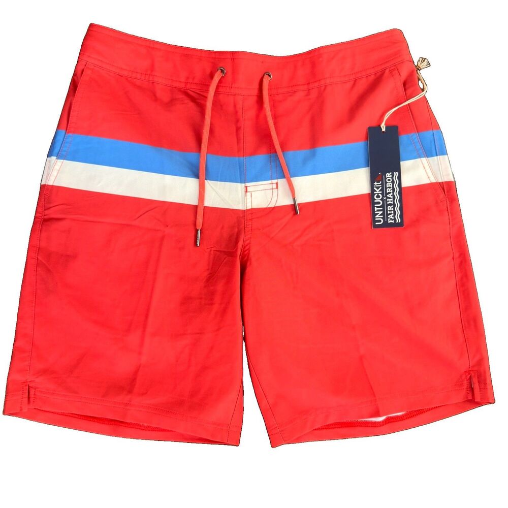 UNTUCKit x Fair Harbor Ozone Swim Shorts M Orange Blue White Lined NWT